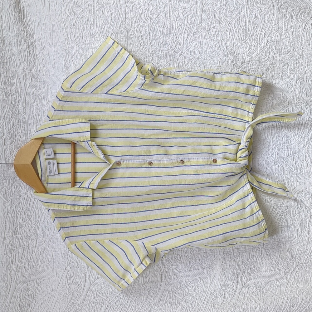 Rachel Zoe 100% Linen short sleeve button down tie shirt, Size XL